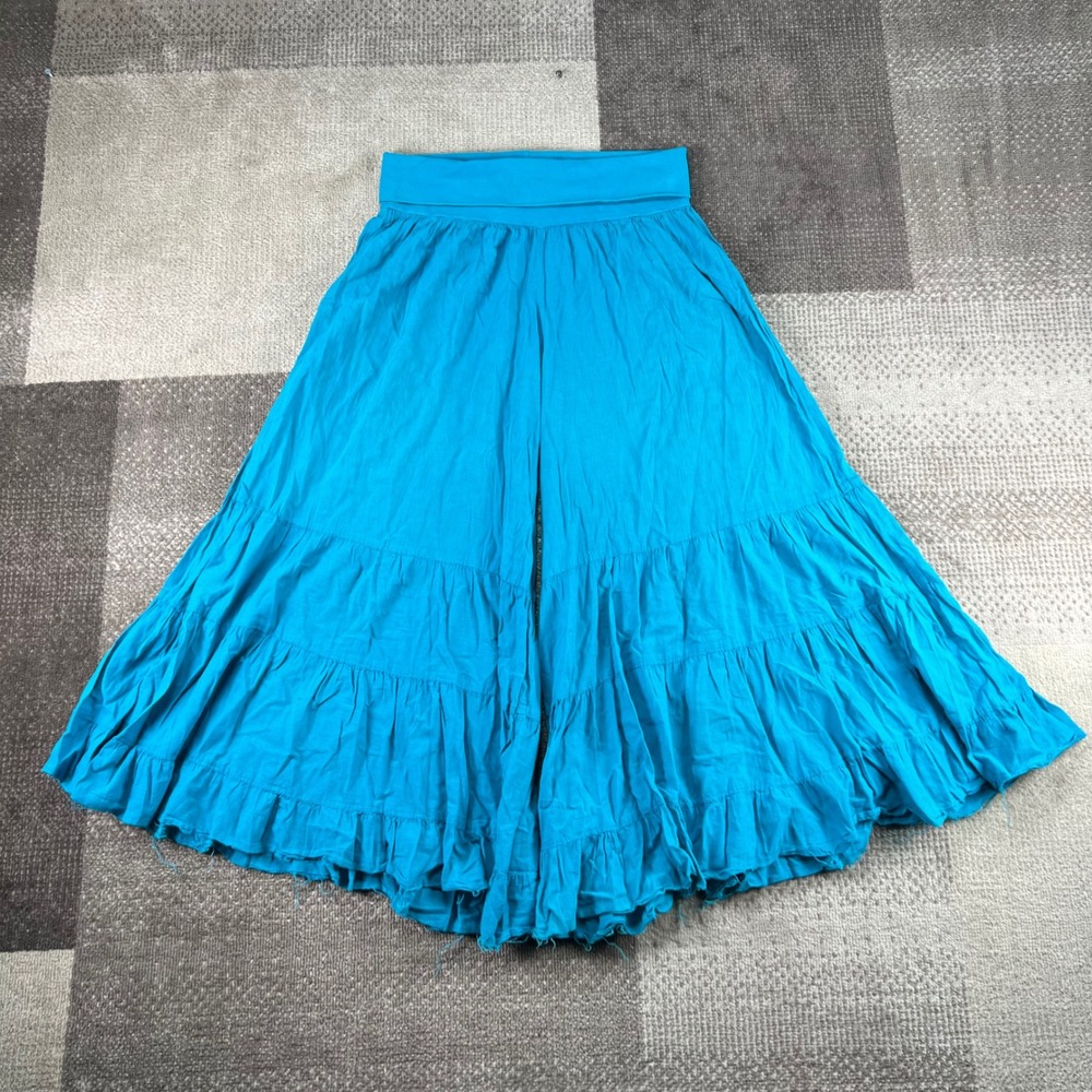 Magdalena Womens XL Teal Blue Tiered Ruffle Wide Leg Palazzo Pants Raw Hem Boho